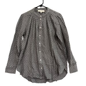 LOFT Womens Blouse Gray White Polka Dot Button Down 100% Cotton Long Sleeve M